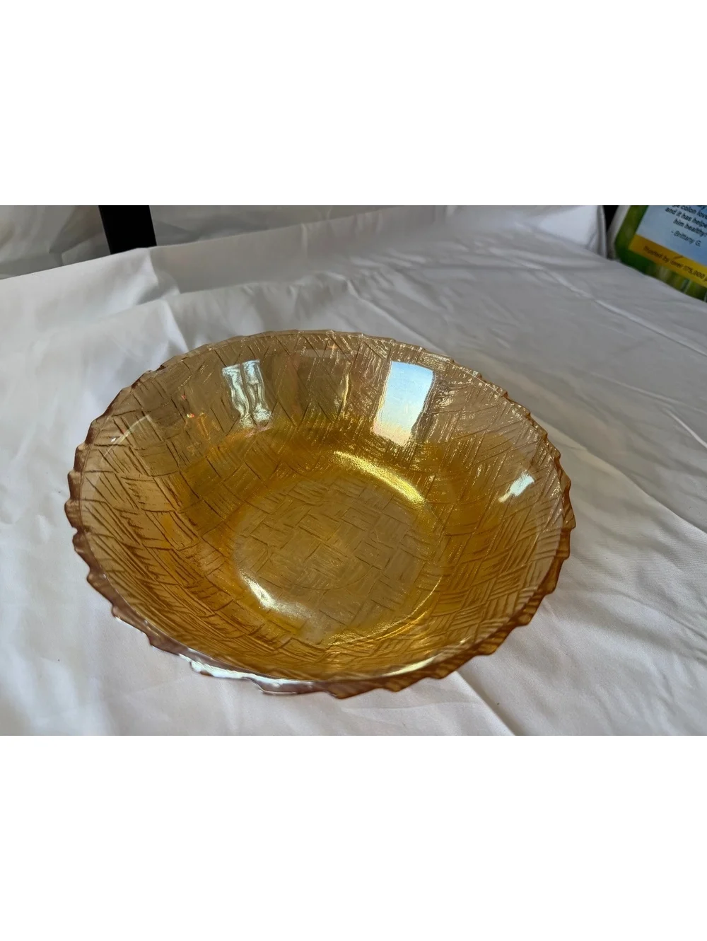 Imperial Basketweave Amber Carnival Glass 8” Serving Bowl Iridescent Vintage